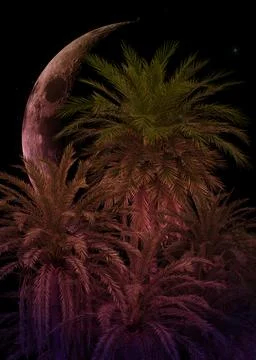 3D Palm trees and crescent moon Stock Illustration