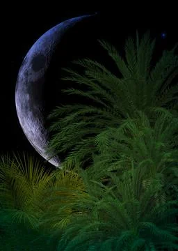 3D Palm trees and crescent moon Stock Illustration