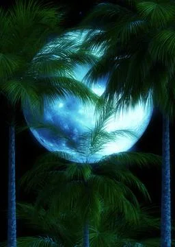 3D Palm trees and full moon Stock Illustration