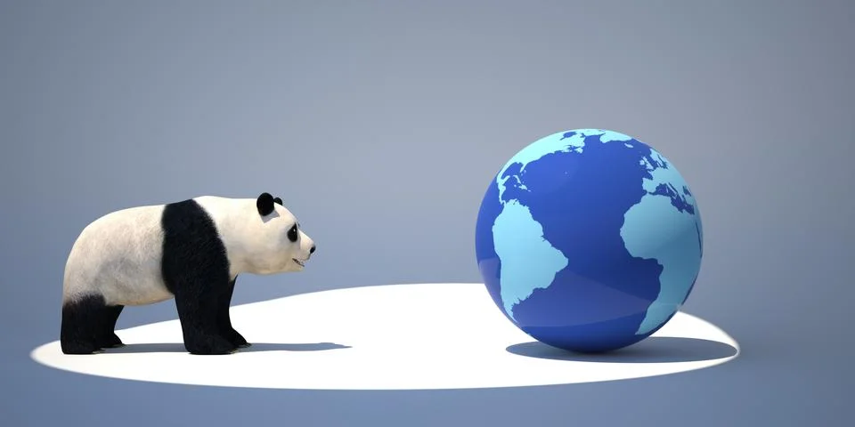 3D Panda and Globe Conservation Concept on Minimal Blue Background Stock Illustration