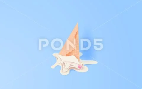 3d paper art and craft of Cute cone white vanilla ice cream fall to ground. c Stock Illustration