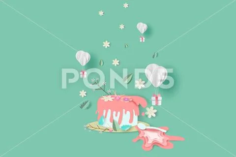 3D paper art and craft style of cake and Bouquet flowers Stock Illustration
