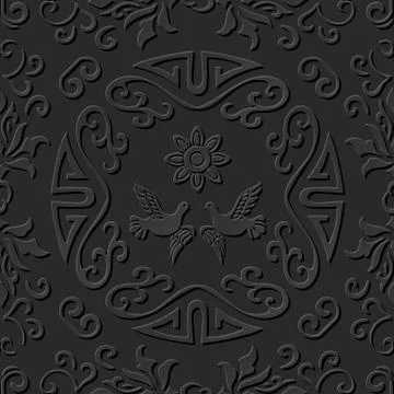 3D paper art pattern spiral round frame pigeon flower Stock Illustration