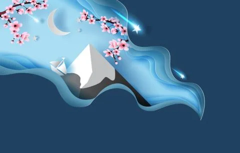 3d paper art of springtime abstract curve Landscape of Mountain Fuji. Ilustração Stock