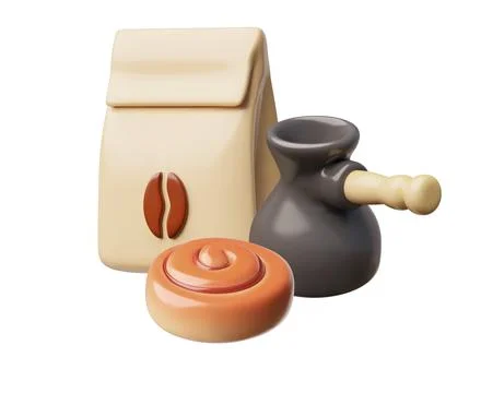 3D paper bag with coffee beans, a coffee pot, and a fresh bun. Stock Illustration