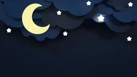 3d Paper cut Clouds,Moon and Stars on Night Sky Blue Background.Sale Header o Stock Illustration