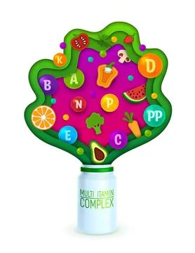 3D paper cut vitamins bottle of fruits, vegetables Stock Illustration