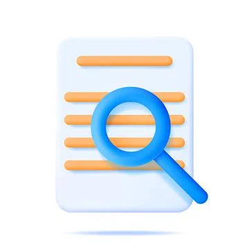 3D Paper Document with Magnifying Glass Isolated. Stock Illustration