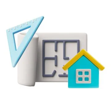 3D paper icon with house plan near building and triangle ruler. Ilustración de archivo