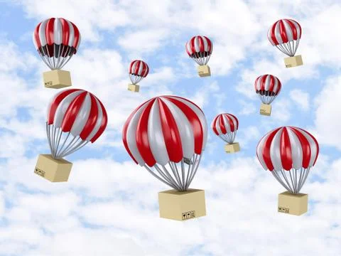 3d Parachute  with Cardboard boxes. イラスト素材