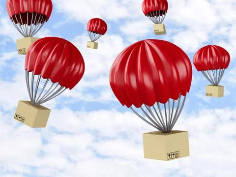 3d Parachute  with Cardboard boxes. イラスト素材