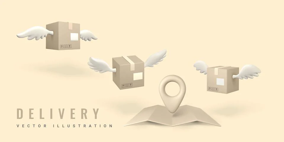 3d parcels with wings fly to the point of destination. Delivery service conce イラスト素材
