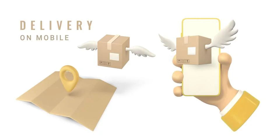 3d parcels with wings fly to the point of destination from phone in hand. Del Stock Illustration