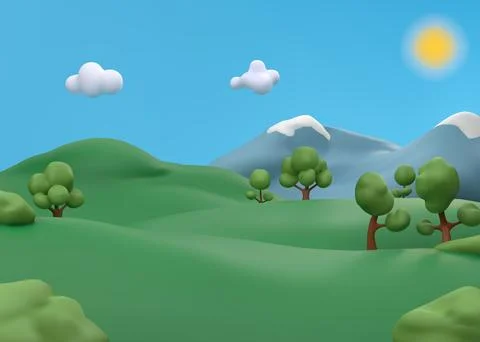 3d park background. Sky with sun, green grass and tree land hill, nature garden Ilustração Stock