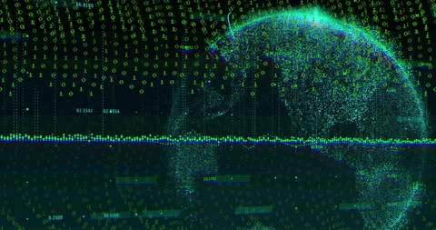 3D particle-based digital globe forming on right, streaming green binary digits Stock Footage 309144157