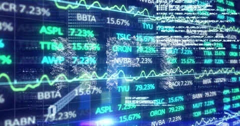 3D particle letters HF floating over stock dashboard, showing neon green graph Stock Footage 309109957