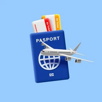 3d passport with boarding pass inside and airplane flying, render 3d travel d Ilustración de archivo
