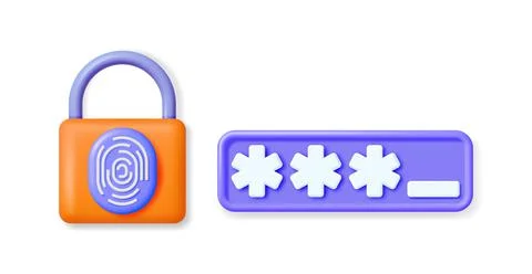3D Password Field and Padlock with Fingerprint Illustration