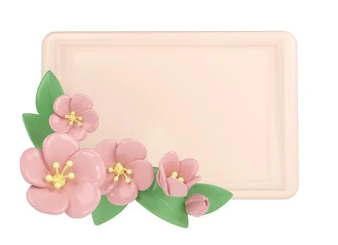 3d pastel pink corner cherry flowers with rectangle frame, botanical spring イラスト素材