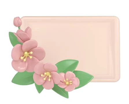 3d pastel pink corner cherry flowers with rectangle frame, botanical spring Stock Illustration