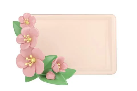3d pastel pink corner cherry flowers with rectangle frame, botanical spring Stockillustratie