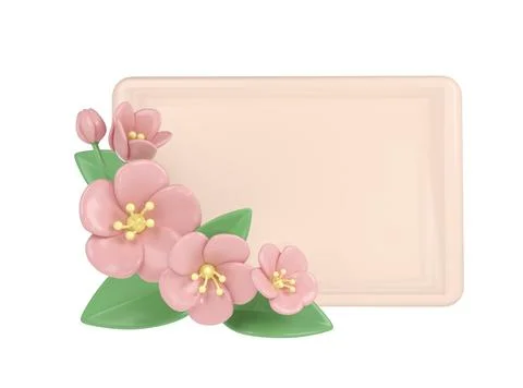 3d pastel pink corner cherry flowers with rectangle frame, botanical spring Illustrazione stock