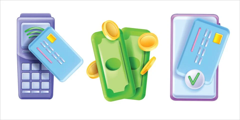 3D payment option icon set, vector pos terminal, bank credit card Stock Illustration