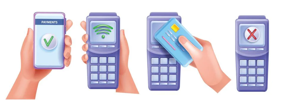 3D payment POS terminal set, vector man hand holding smartphone Stock Illustration