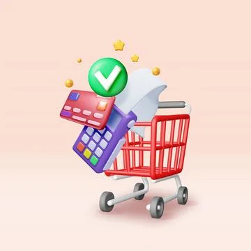 3D payment terminal with card and shopping cart Stock Illustration