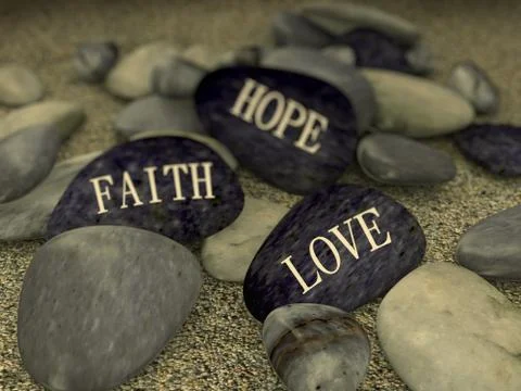 3d pebble on sand message love faith hope Stock Illustration