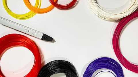 3D pen for drawing three-dimensional objects made of plastic and a lot of multi Stock-Fotos