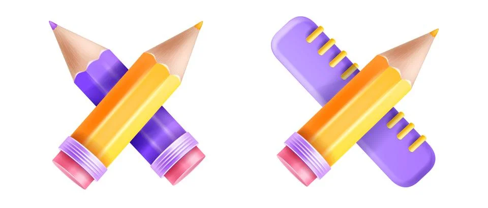 3D pencil icon, vector school crayon pen, office equipment clipart Stock Illustration