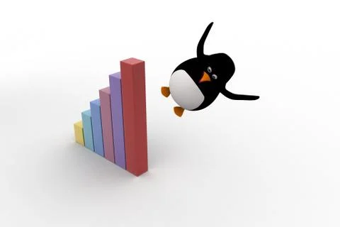 3d pengiun jumping from bar graph concept Illustrazione stock