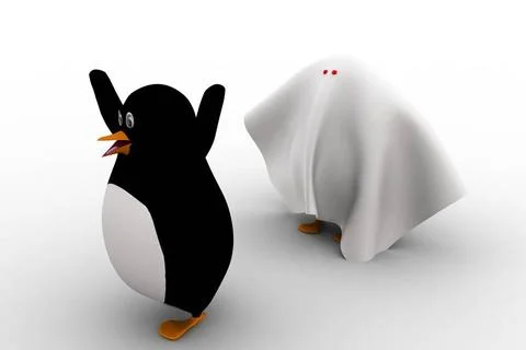 3d penguin afraid and running from ghost concept 3d penguin afraid and run... Stock Photos