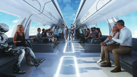 3d people and robots. Flying passenger train in clouds. Utopia. concept of the Stock Footage 244624042