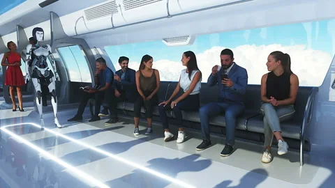3d people and robots. Flying passenger train in clouds. Utopia. concept of the Stock Footage 244625295
