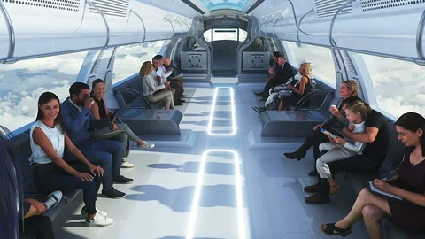 3d people and robots. Flying passenger train in clouds. Utopia. concept of the Stock Footage 244625823