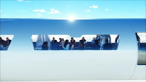3d people and robots. Flying passenger train in clouds. Utopia. concept of the Stock Footage 244627007