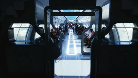 3d people and robots. Flying passenger train in clouds. Utopia. concept of the Vídeos de archivo 244627286