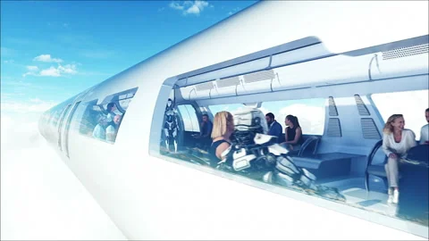 3d people and robots. Flying passenger train in clouds. Utopia. concept of the Stock Footage 244627907