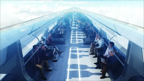 3d people and robots. Flying passenger train in clouds. Utopia. concept of the Stock Footage 244628283