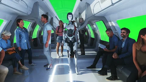 3d people and robots. Flying passenger train. Utopia. concept of the future Stock Footage 244632030