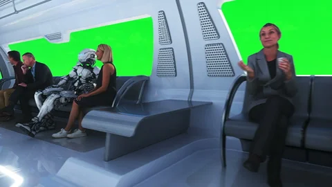 3d people and robots. Flying passenger train. Utopia. concept of the future Stock Footage 244632201