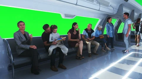 3d people and robots. Flying passenger train. Utopia. concept of the future Stock Footage 244632457
