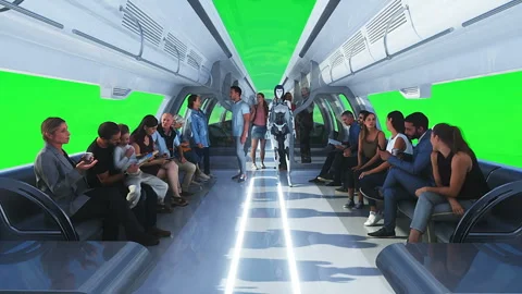 3d people and robots. Flying passenger train. Utopia. concept of the future Stock Footage 244633456