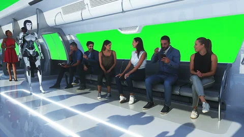 3d people and robots. Flying passenger train. Utopia. concept of the future Video stock 244633902