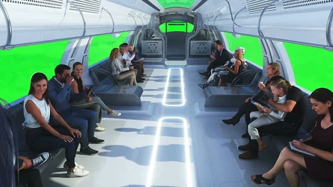 3d people and robots. Flying passenger train. Utopia. concept of the future Stock Footage 244634823