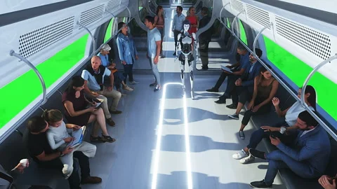 3d people and robots. Flying passenger train. Utopia. concept of the future Stock Footage 244635255