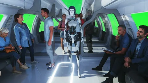 3d people and robots. Flying passenger train. Utopia. concept of the future Stock Footage 244635617