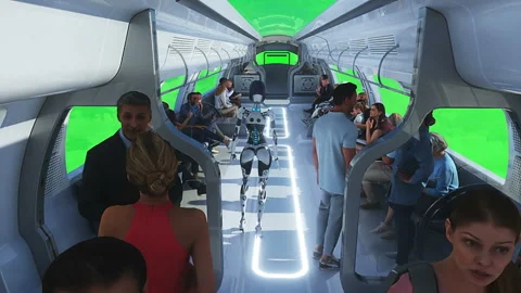 3d people and robots. Flying passenger train. Utopia. concept of the future Stock Footage 244636050